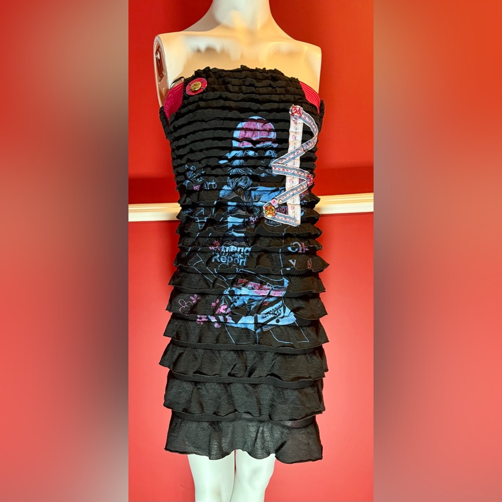 Farinelli ruffled + tiered stretchy black mini dress with graphic design